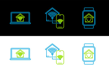 Poster - Set line Smart watch with house under protection, Laptop smart home wi-fi and icon. Vector