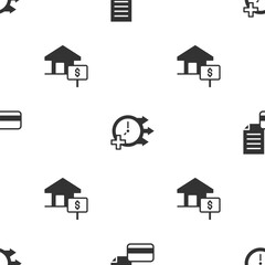 Poster - Set Credit card, Clock and House with dollar on seamless pattern. Vector