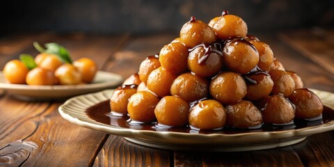 Poster - A close-up shot of a plate of golden fried dough balls covered in a rich chocolate sauce, sitting on a wooden table.
