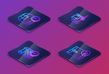 Poster - Set Isometric line Cardboard box with clock, calendar, Forklift truck and Envelope and check mark. Blue square button. Vector