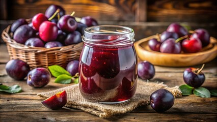 Aufkleber - Homemade Plum Jam in a Glass Jar with Fresh Plums on a Rustic Wooden Table