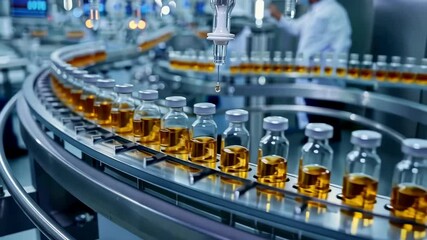 Poster - a row of vials moving along a sterile industrial production line being filled one drop at a time. th