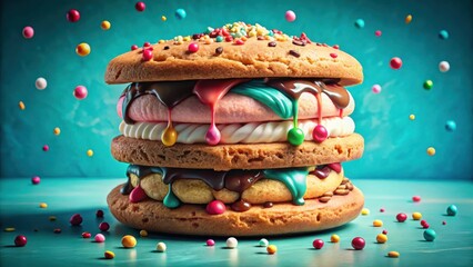 Poster - A tower of layered cookies drizzled with chocolate and vibrant frosting, adorned with colorful sprinkles and candy, against a turquoise backdrop