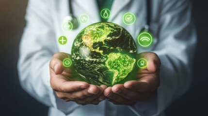 Poster - Doctor holding green globe for global healthcare