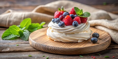 Aufkleber - A Delicious and Light Meringue Dessert Topped with Fresh Berries and Mint on a Wooden Cutting Board