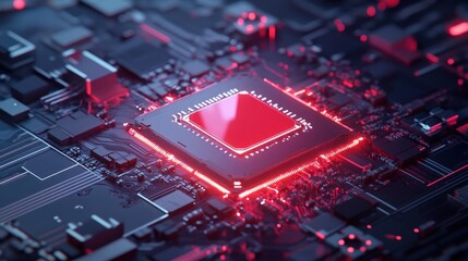 Poster - Red glowing microchip on circuit board