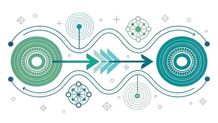 Poster - Abstract illustration of an arrow moving between circles with decorative elements around it