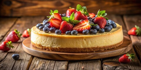 Poster - A creamy cheesecake topped with fresh strawberries and blueberries, resting on a wooden board, showcasing a simple yet delicious dessert