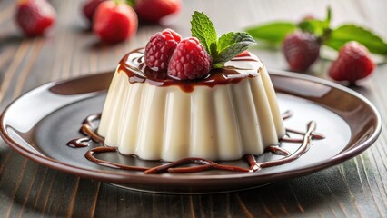 Poster - Creamy white dessert with chocolate sauce and fresh raspberries on top, served on a dark brown plate