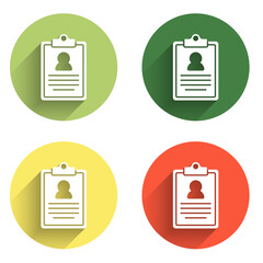 Poster - Set Medical clipboard with clinical record icon isolated with long shadow background. Prescription, medical check marks report. Color circle button. Vector