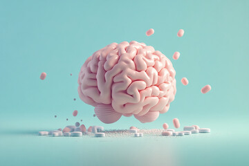 Aufkleber - Pink brain model above scattered pills on teal background, illustrating medication and brain health concept Mockup free space