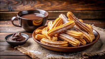 Poster - A plate of freshly fried churros, dusted with powdered sugar and ready to be dipped into rich, hot chocolate.