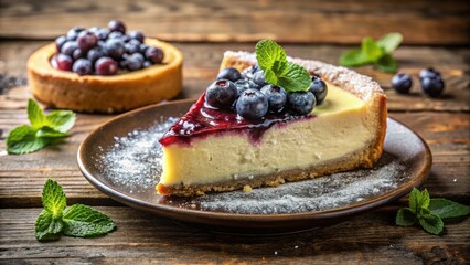 Poster - A slice of cheesecake topped with blueberries and a sprig of mint, resting on a plate dusted with powdered sugar, against a rustic wooden background.