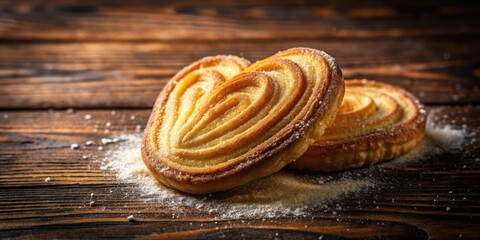 Aufkleber - Sweet heart-shaped pastries dusted with powdered sugar on a rustic wooden surface