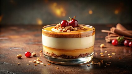 Aufkleber - Layered dessert with caramel, cream and nuts, topped with cherries and a drizzle of honey