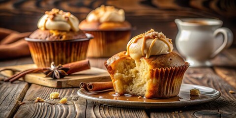 Poster - A single cupcake with a bite taken out, topped with caramel and cream, sitting on a plate with a cinnamon stick and a drop of sauce, with two other cupcakes in the background