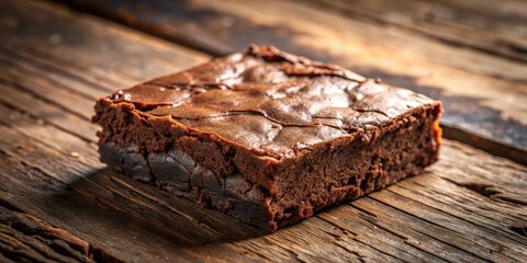 Poster - A freshly baked brownie, with a rich chocolate flavor, sits on a rustic wooden surface, capturing the essence of homemade sweetness.