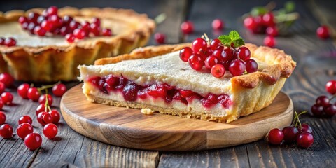 Poster - A slice of homemade fruit pie with a flaky crust and a sweet, juicy filling, surrounded by fresh berries on a rustic wooden surface