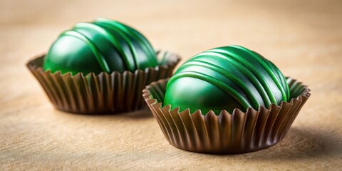 Aufkleber - Two Green Chocolate Truffles In Brown Paper Cups On Wood Grain Surface