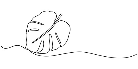 Fototapete - Monstera leaf continuous one line drawing and leaf icon isolated flat vector illustration, One continuous line drawing monstera leaf vector illustration. Tropical leaf monoline design, minimalist line