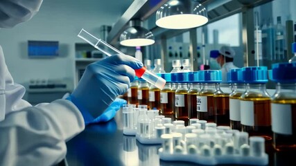 Fototapete - A scientist wearing personal protective equipment carefully handles a vial amidst rows of vials in a bright lab. They are engaged in research within a modern, well-equipped laboratory setting.