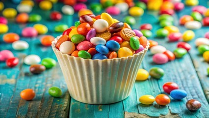 Aufkleber - A white cup filled with colorful candy on a blue wooden surface.  The cup is full of candy, and some candy is scattered around the cup.