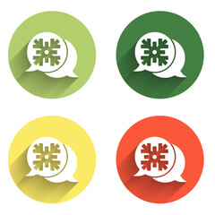 Poster - Set Snowflake with speech bubble icon isolated with long shadow background. Merry Christmas and Happy New Year. Color circle button. Vector