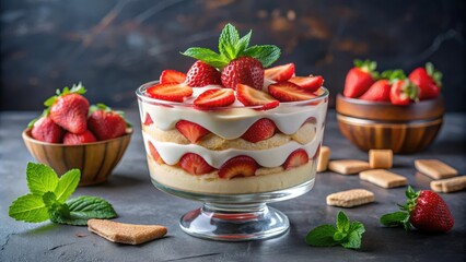 Aufkleber - A delicious layered dessert of creamy custard, juicy strawberry slices, and crunchy biscuits, topped with fresh mint leaves