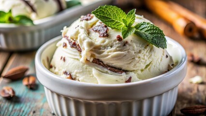 Poster - Creamy white ice cream with chocolate swirls and mint garnish in a white bowl on rustic wooden background