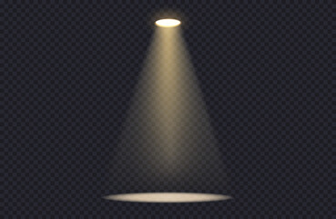 Wall Mural - gold spotlight with glow, light source with reflection on the floor on transparent background. reali