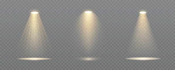 Wall Mural - realistic spotlight set with gold glowing dust particles on transparent png background and reflectio
