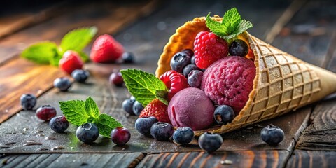 Aufkleber - A waffle cone overflowing with scoops of berry sorbet, adorned with fresh blueberries, raspberries, and mint leaves, resting on a rustic wooden surface.