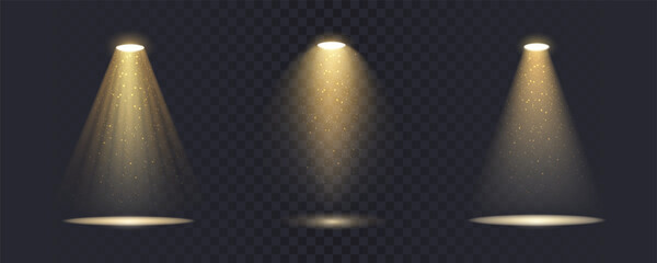 Wall Mural - realistic spotlight set with gold glowing dust particles on transparent png background and reflectio