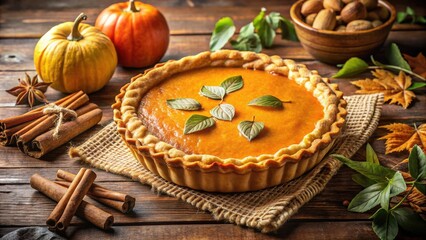 Aufkleber - A Homemade Pumpkin Pie, Adorned with Fresh Leaves,  Ready to Be Sliced and Shared on a Rustic Wooden Table