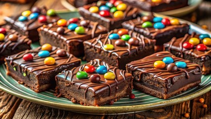 Poster - A plate of decadent chocolate brownies topped with a colorful assortment of candy, a delightful treat for any occasion.