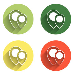 Poster - Set Map pin icon isolated with long shadow background. Navigation, pointer, location, map, gps, direction, place, compass, search concept. Color circle button. Vector