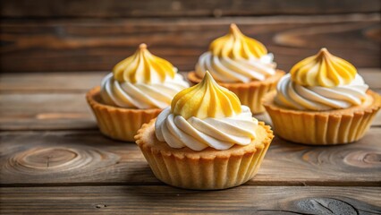 Aufkleber - Sweet and Delectable Small Vanilla Cupcakes with Lemon Swirl Topping on a Wooden Table