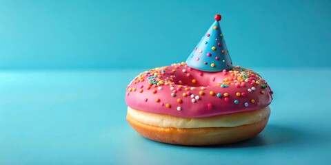 Poster - A single glazed donut with sprinkles and a blue party hat sits on a blue background. The donut is a celebratory treat with a whimsical touch.