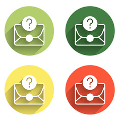 Fototapete - Set Envelope with question mark icon isolated with long shadow background. Letter with question mark symbol. Send in request by email. Color circle button. Vector