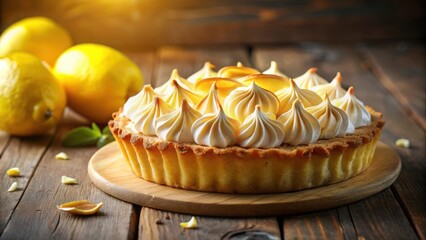 Poster - A golden crust tart topped with swirls of creamy meringue, sitting on a wooden surface, illuminated by warm light.