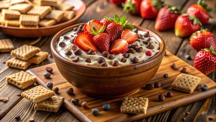 Poster - A creamy dessert with strawberries, chocolate chips and graham crackers in a wooden bowl on a rustic wooden table