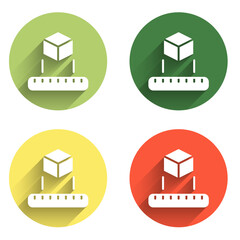 Fototapete - Set Isometric cube icon isolated with long shadow background. Geometric cubes solid icon. 3D square sign. Box symbol. Color circle button. Vector
