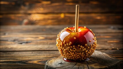 Poster - A single caramel apple with sprinkles resting on a wooden surface, showcasing the deliciousness of autumn treats.