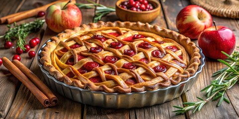Poster - A Homemade Lattice-Crust Apple Pie with Fresh Cherries and Cinnamon Sticks on a Rustic Wooden Table