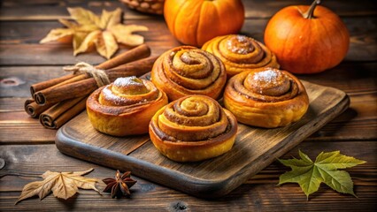Aufkleber - Sweet Cinnamon Rolls with Pumpkins and Fall Leaves on Rustic Wooden Background