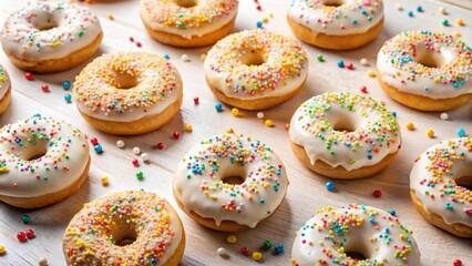 Poster - A delicious spread of sweet treats with a delicate dusting of colorful sprinkles on a light wood background.