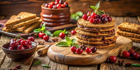 Aufkleber - A rustic wooden table is laden with a delectable tower of chocolate-filled pastry, a small bowl of ripe cherries, and fresh mint leaves, creating a symphony of flavors and textures.
