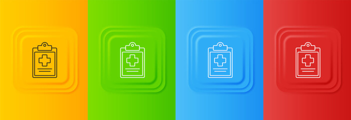 Poster - White Medical clipboard with clinical record icon isolated on colorful background. Health insurance form. Prescription, medical check marks report. Set icons in square buttons. Vector