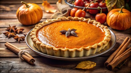Aufkleber - A whole pumpkin pie with a star anise garnish, surrounded by pumpkins, cinnamon sticks, and autumn leaves on a rustic wooden table