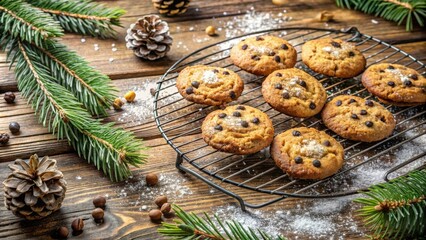 Poster - Freshly Baked Chocolate Chip Cookies on a Cooling Rack with Pine Sprigs and Powdered Sugar